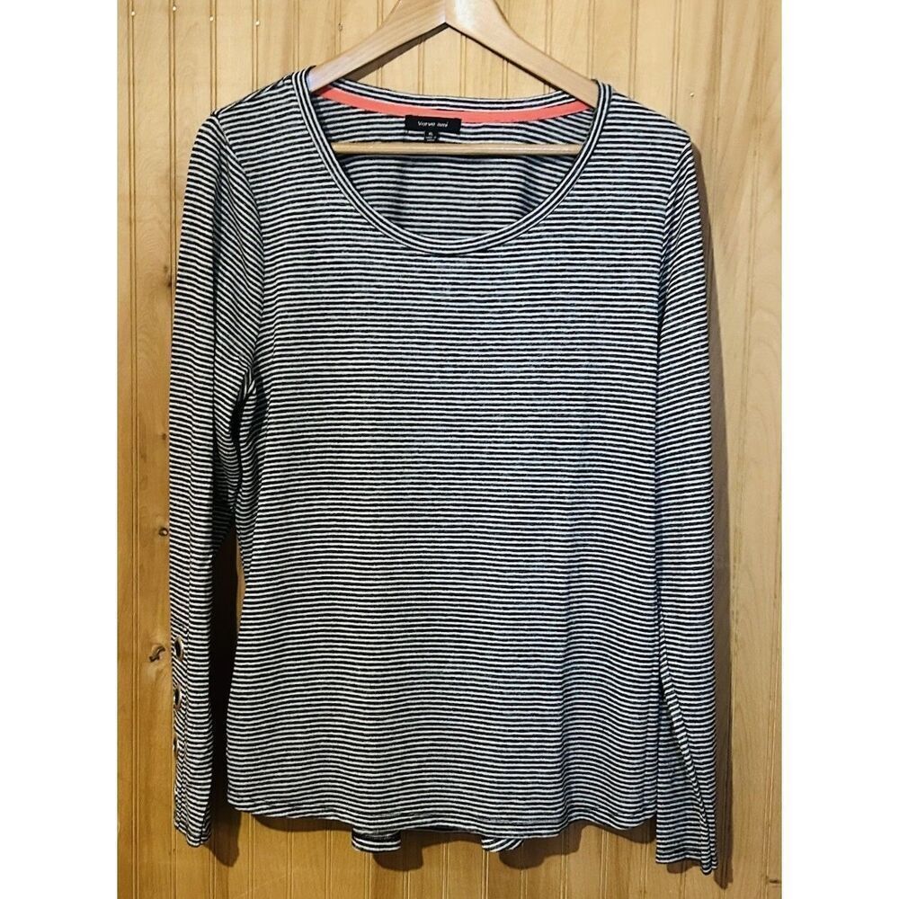 Verve Ami Women's Black & White Striped Long Sleeve Top Size XL Grommets Details